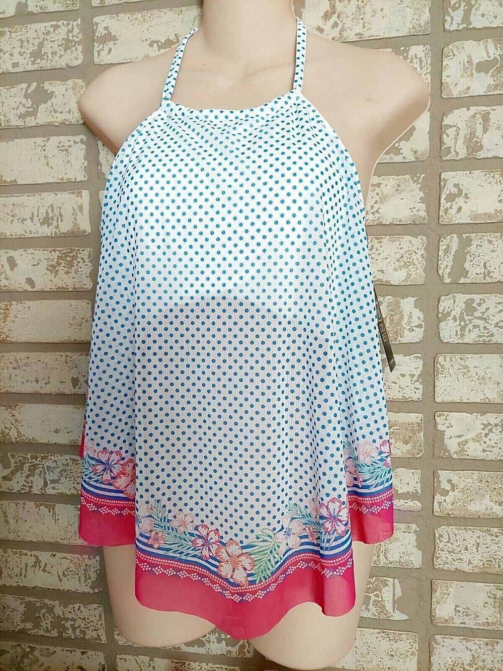 Coco Reef Swim Tankini Top White Multicolor Aura Mesh Ruffle Polka Dots 32C